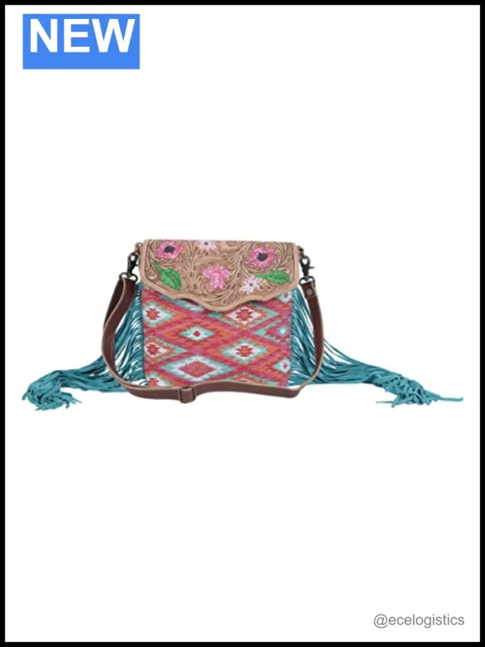 Hand-Tooled Leather & Canvas Shoulder Bag with Floral Pattern
